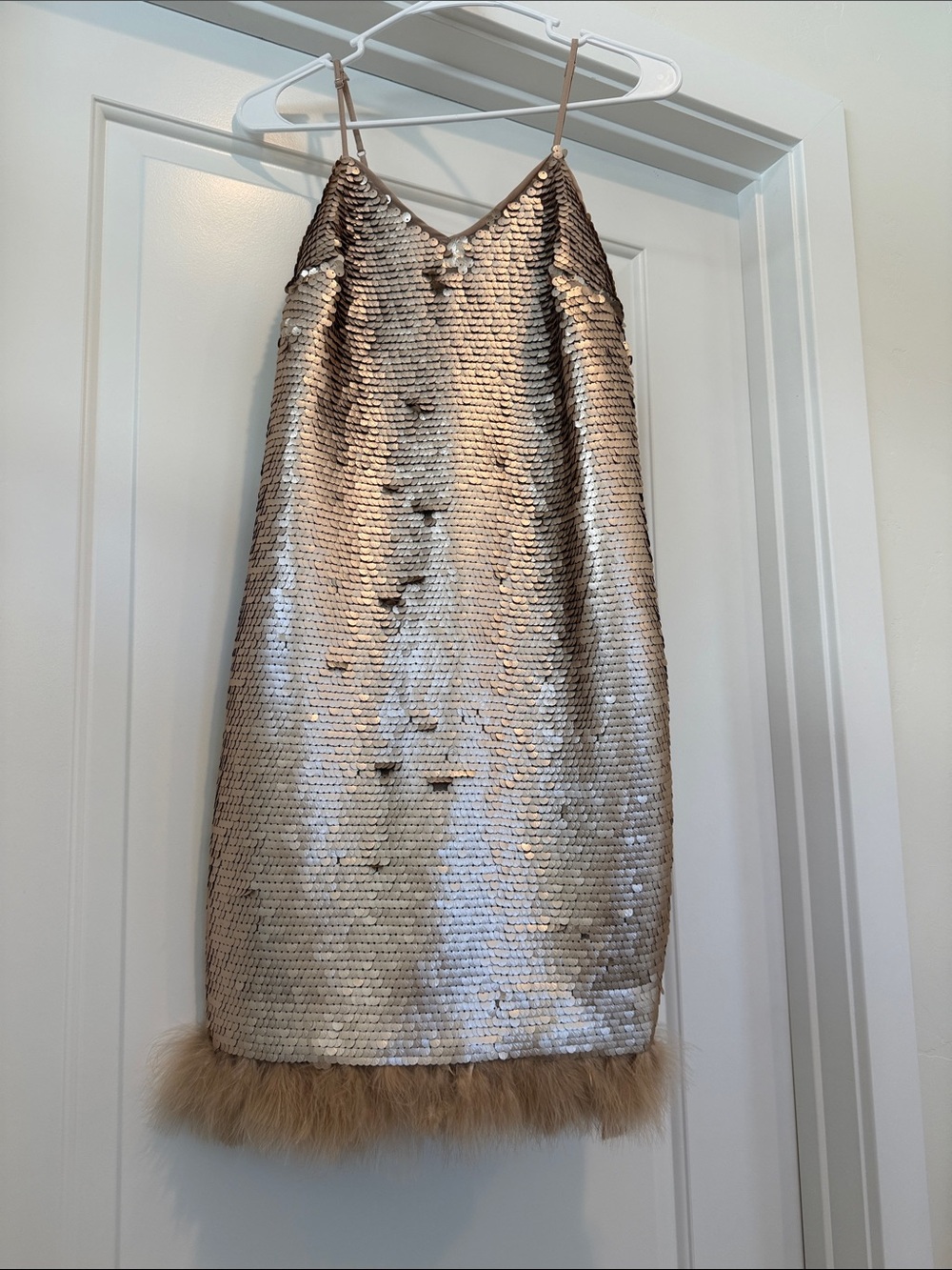 CeCe Rose-Gold Sequin Mini Skirt with Feather Trim